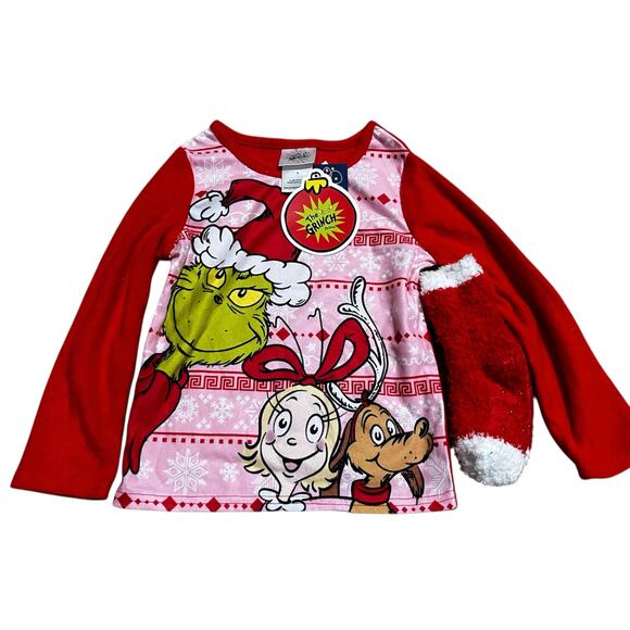 Dr. Seuss’ The Grinch Christmas holidays Toddler 3 Pc Pajama Set Socks Sz 4 Red - Picture 2 of 10
